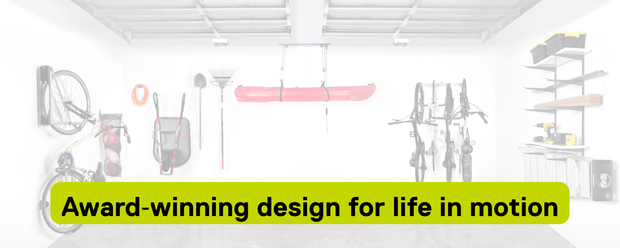Gym equipment with a focus on design and motion, featuring text 'Award-winning design for life in motion'.