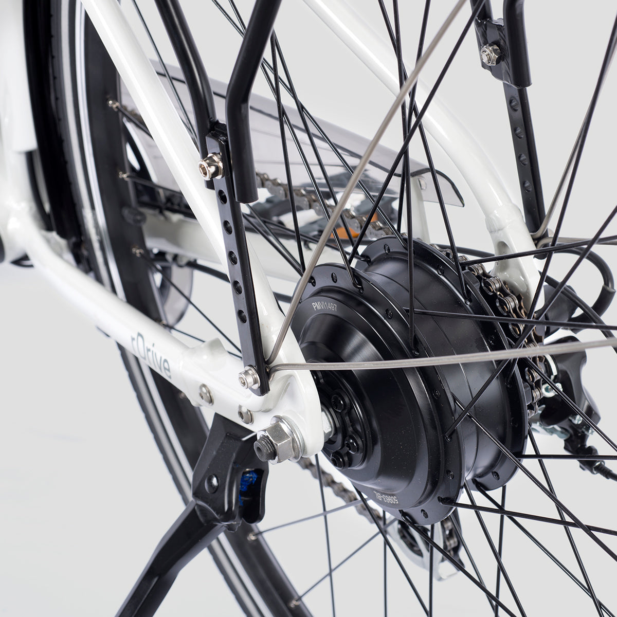 Danish-engineered rear hub that gives assistance up to 16MPH on gray background