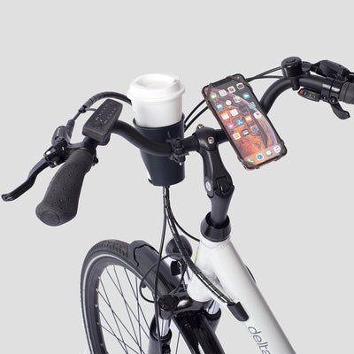 E-Bike comes equipped with bonus accessories including a mobile holder, beverage holder and a bell on gray background